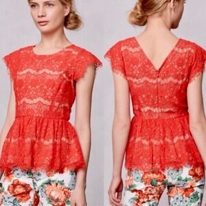 Maeve Anthropologie Katrine Orange Lace Cap Sleeve Peplum Top Blouse Size S boho